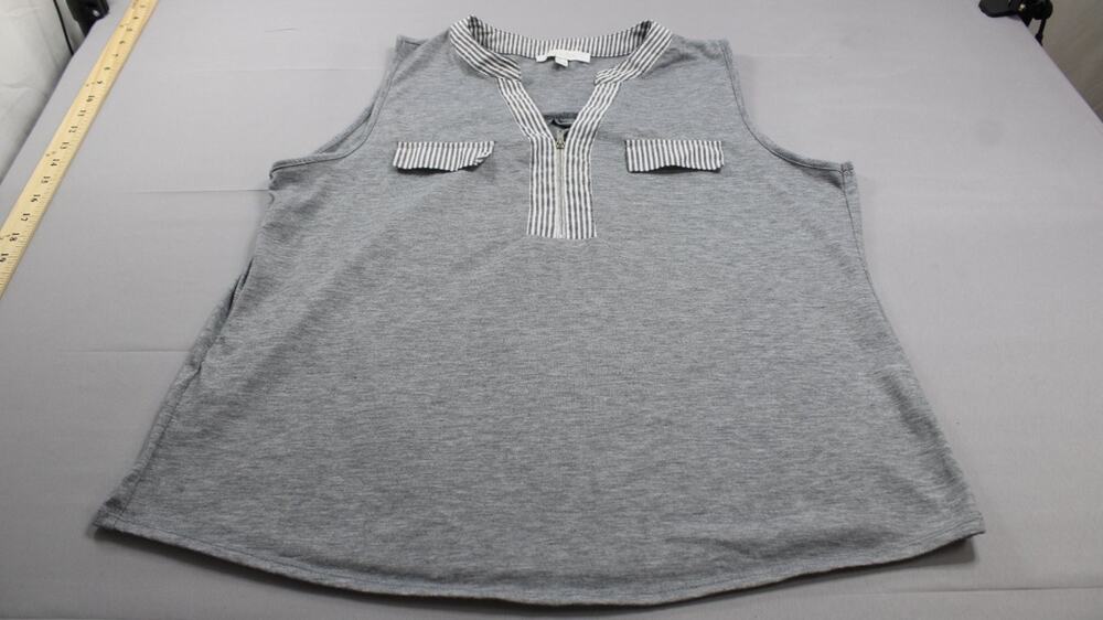 Ivy + Ridge Womens L Gray Sleeveless V Neck Striped Trim Tunic Top Stretch